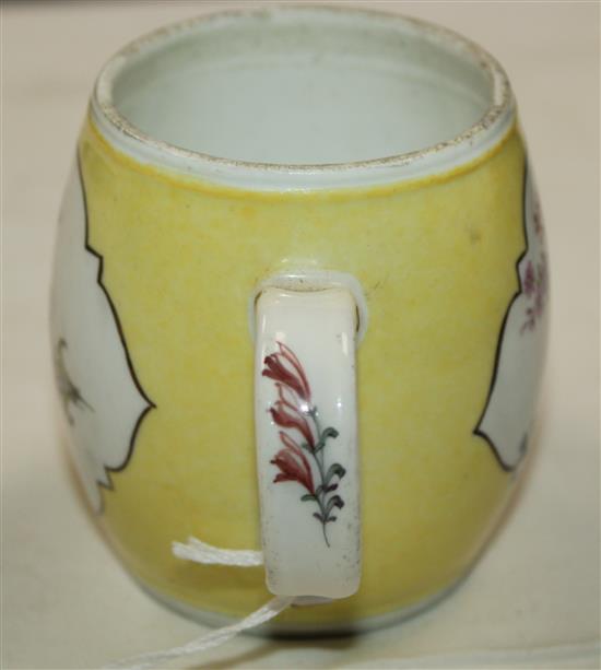 A Meissen yellow ground barrel shaped mustard pot, mid 18th century, height 2.75in.